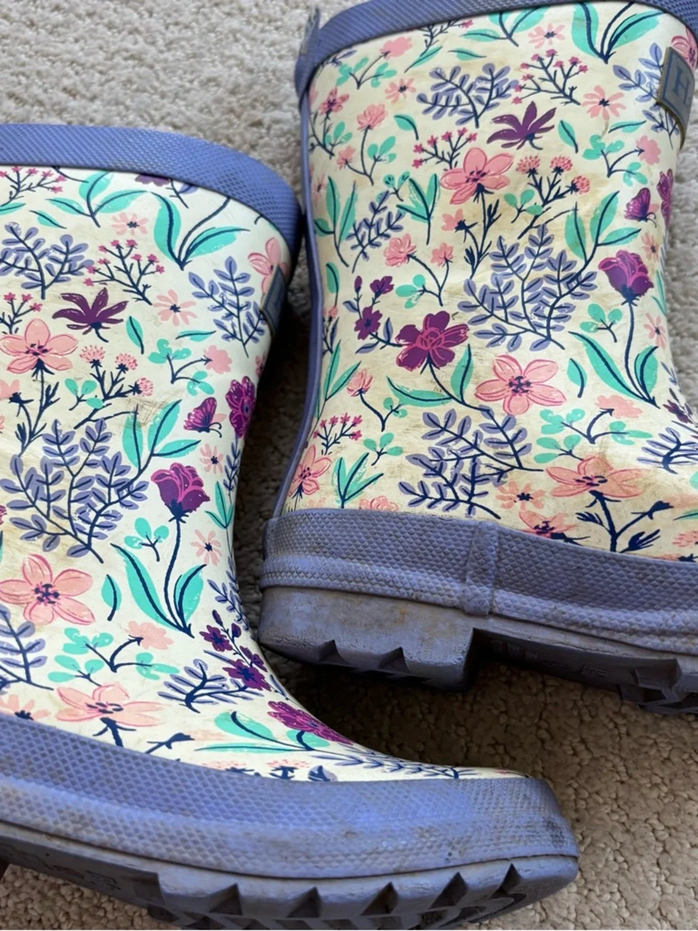 HatLey Kids Floral Rain Boots in Cream and Purple